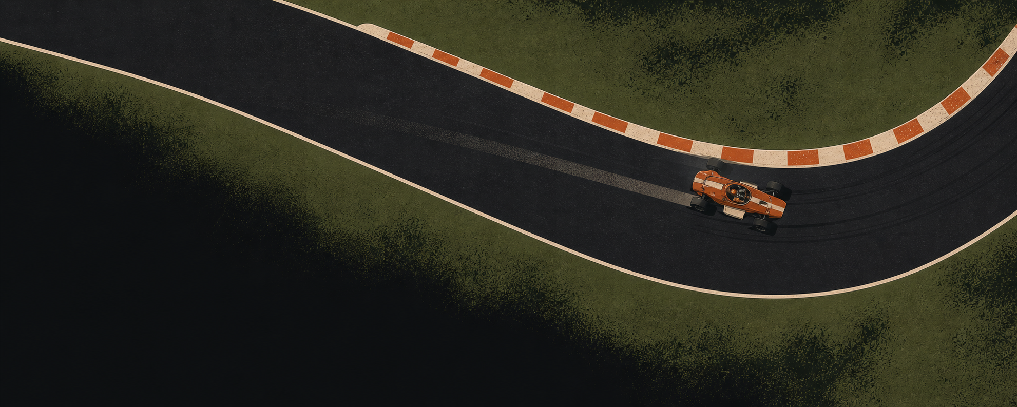 An orange race car clipping the apex of a sweeping corner